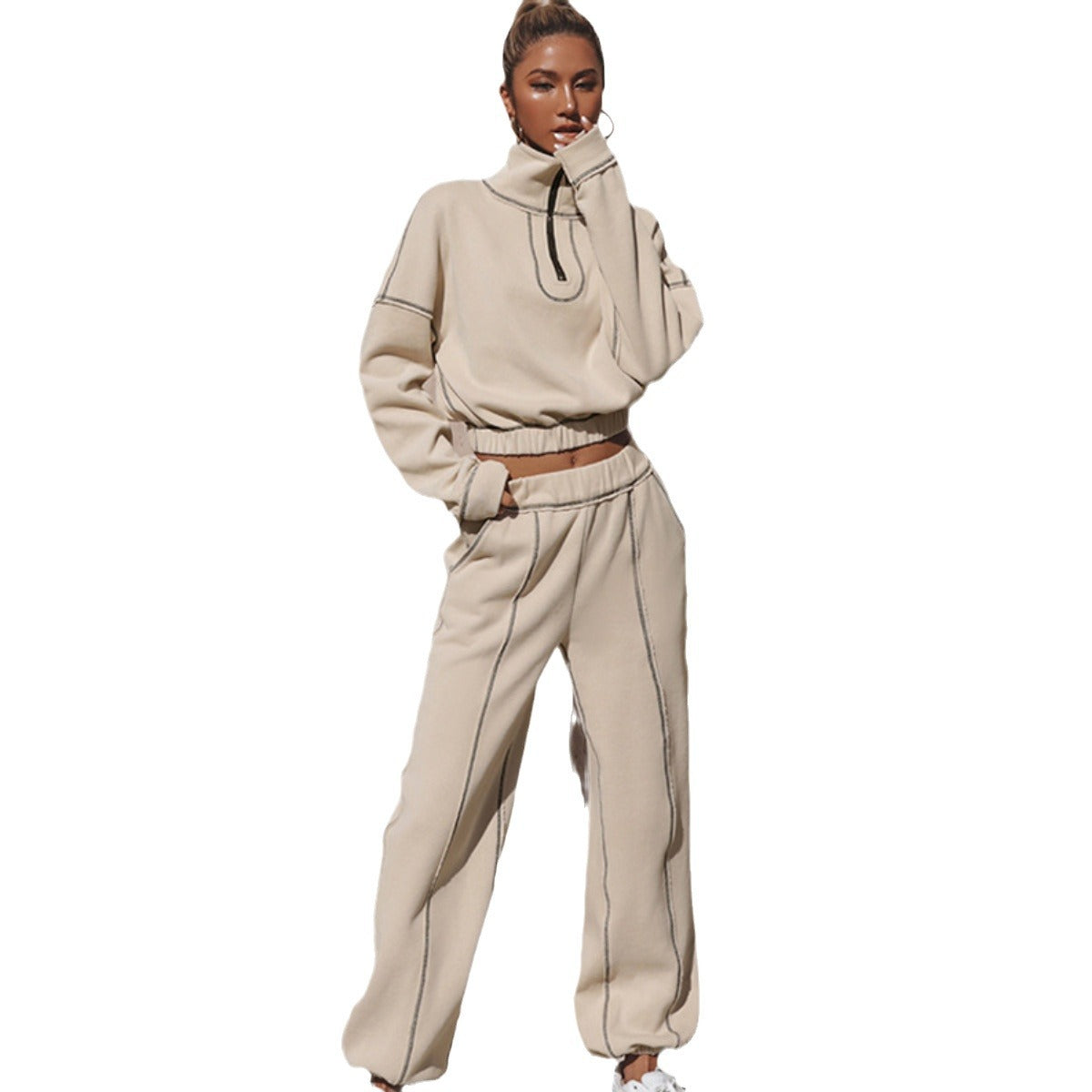 Damen nan kurzes Kapuzen-Sweatshirt mit halbem Reißverschluss elastischem Saum und Kontrastnähten