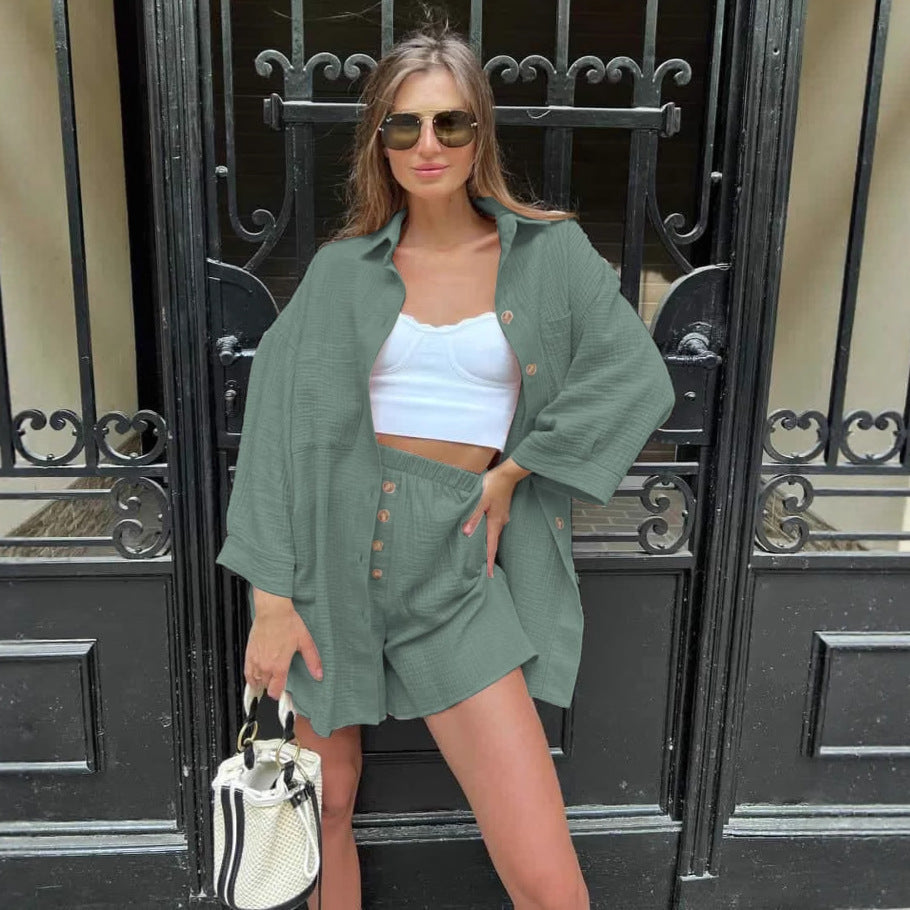 Damen nan lässiges Musselin-Zweiteiler Set mit Oversize-Hemd und elastischer Highwaist-Shorts
