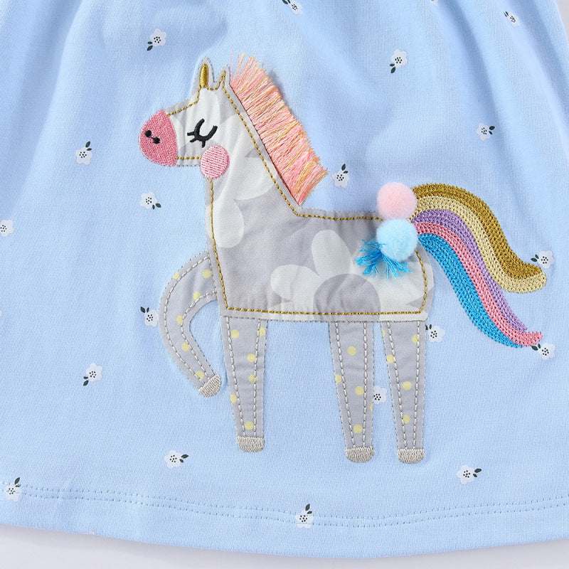 Mädchen Baumwollkleid mit süßer Einhorn-Stickerei