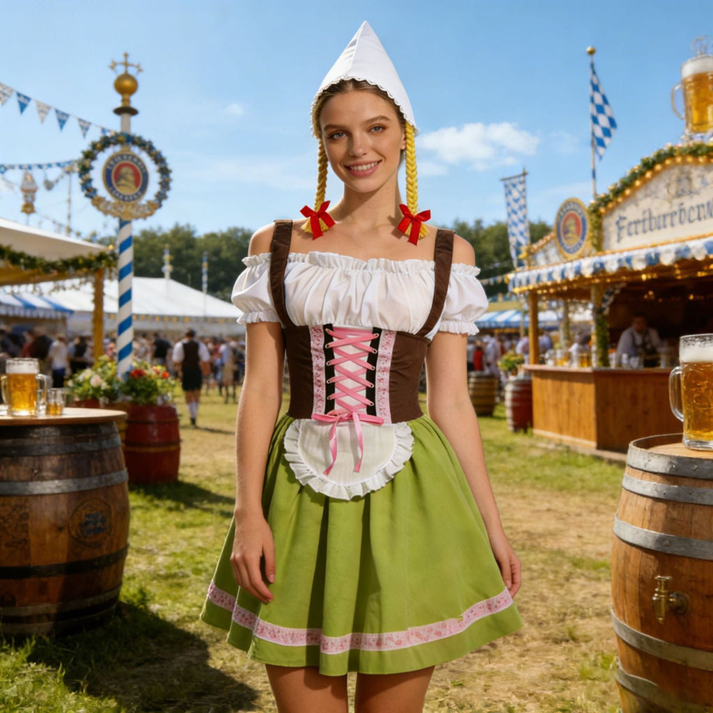 Damen nan traditionelles Dirndl-Kostüm mit Schnürung, Schürze und spitzem Kopftuch