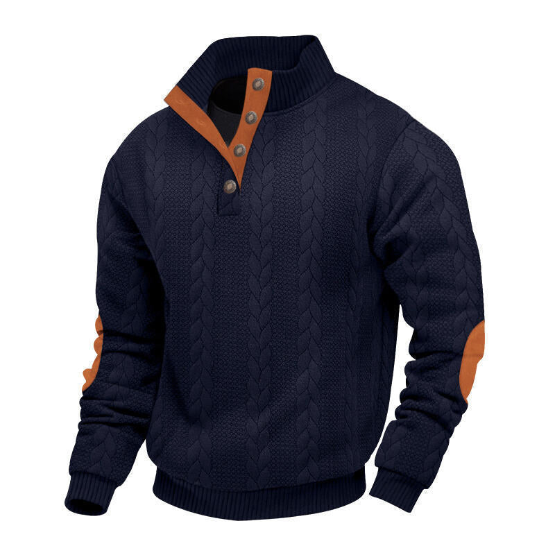 Herren nan Zopfmuster-Pullover mit Stehkragen, halber Knopfleiste und Ellbogenpatches