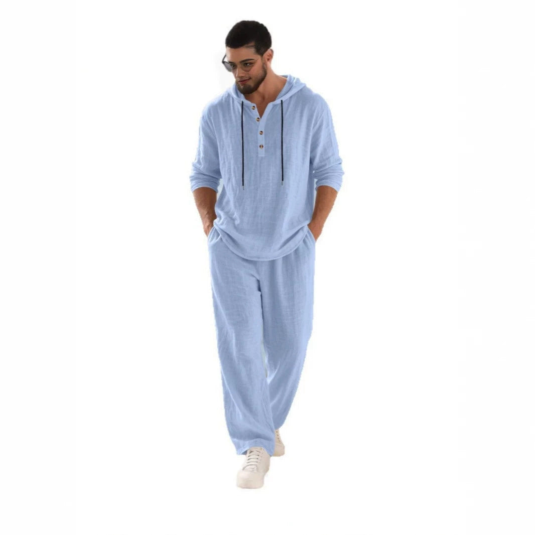 Herren nan lässiges Leinenzweiteiler-Set mit Kapuzenhemd im Henley-Stil und weiten Freizeit-Hosen