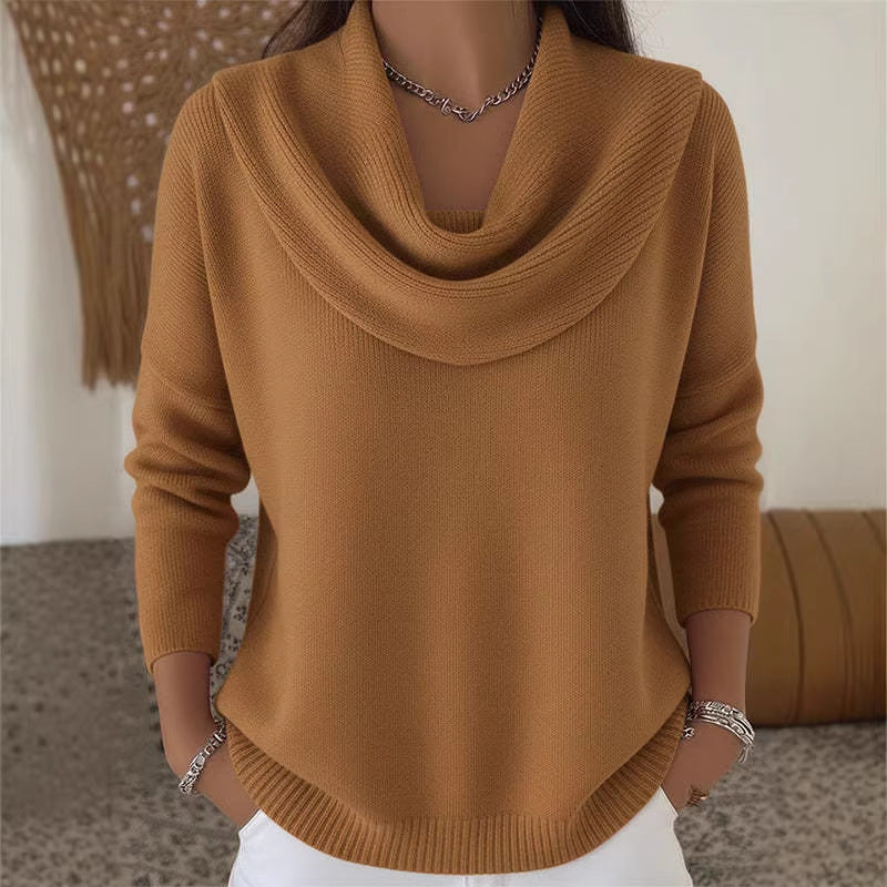 Damen nan fein gestrickter Pullover mit Wasserfallkragen und geripptem Saum