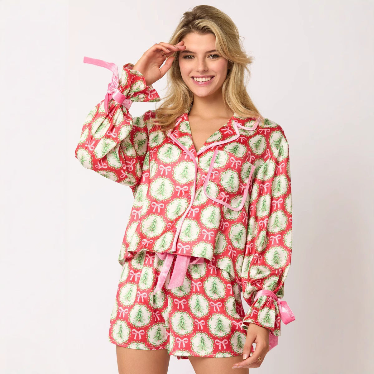 Damen nan verspieltes zweiteiliges Pyjama-Set mit Volantärmeln, Kordelzug und Brusttasche