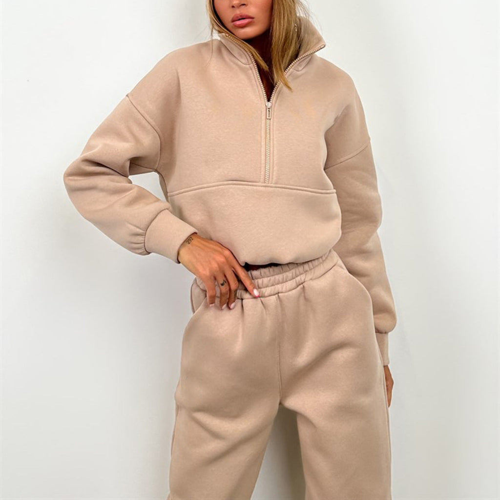 Damen nan cropped Half-Zip Fleece-Set zweiteilig mit hohem Bund und elastischen Bündchen