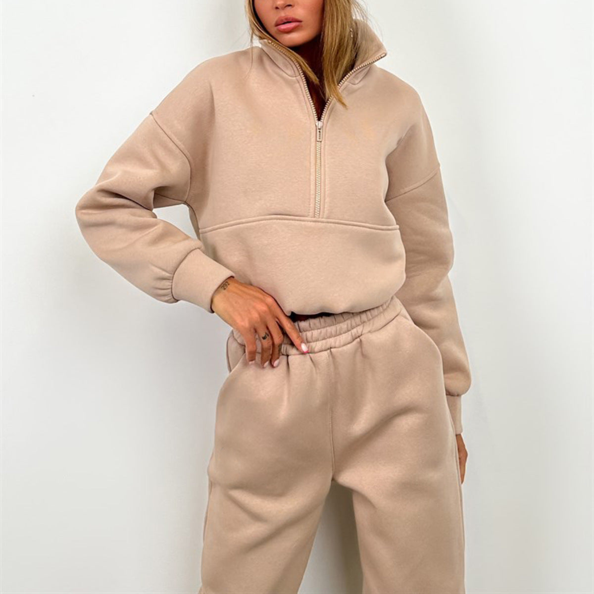Damen nan cropped Half-Zip Fleece-Set zweiteilig mit hohem Bund und elastischen Bündchen