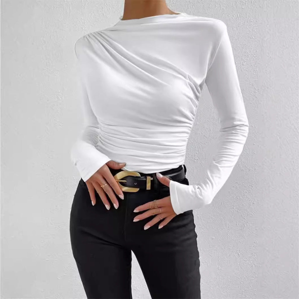Damen nan gerafftes Langarmshirt mit asymmetrischem U-Boot-Ausschnitt und figurbetonter Silhouette