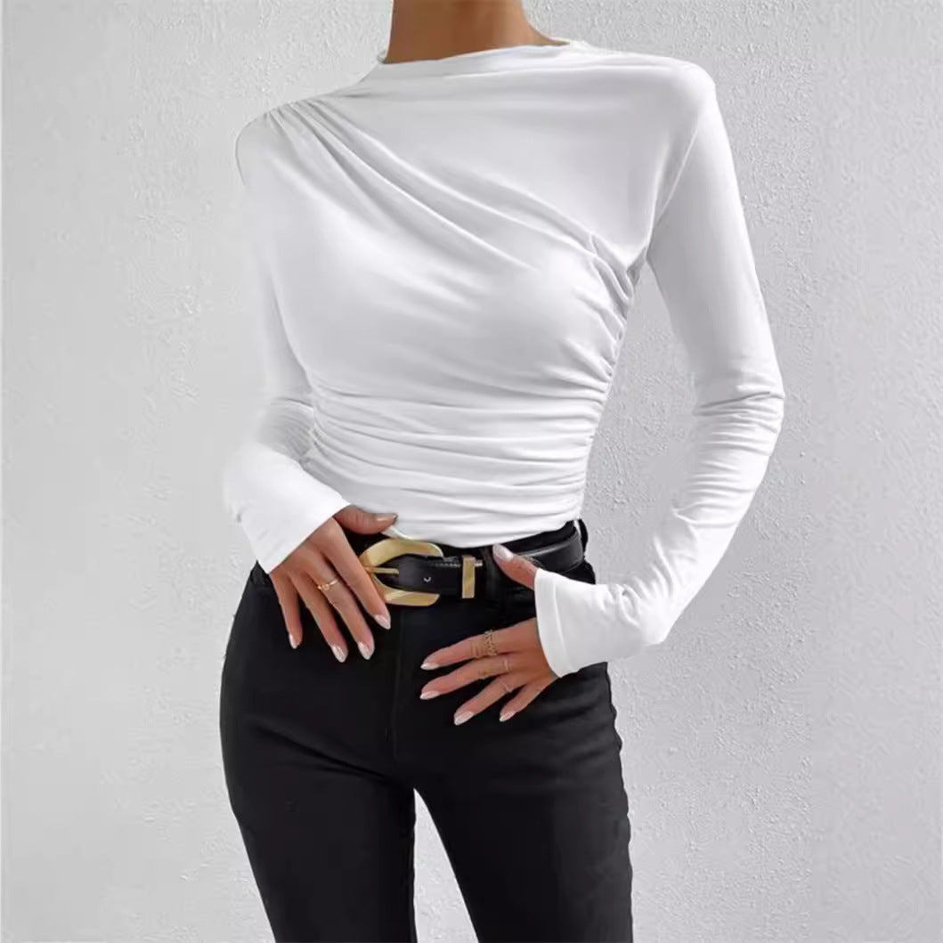 Damen nan gerafftes Langarmshirt mit asymmetrischem U-Boot-Ausschnitt und figurbetonter Silhouette