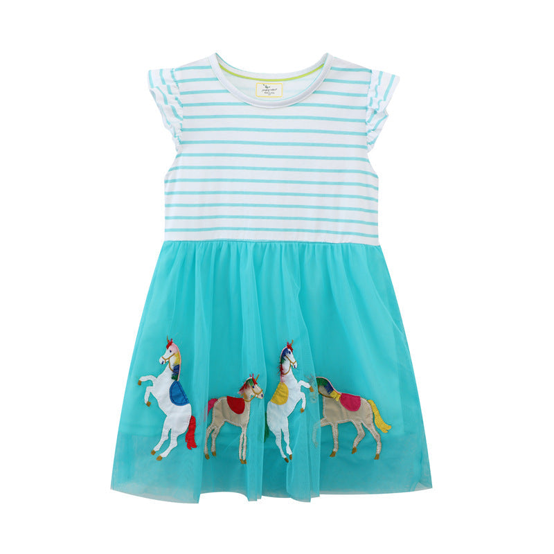 Mädchen Tüllkleid mit buntem Einhorn-Motiv und gestreiftem Oberteil