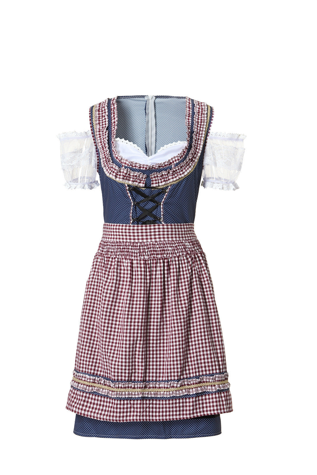 Damen nan traditionelles Trachtenkleid mit Schnürmieder, Spitzenärmeln und karierter Schürze