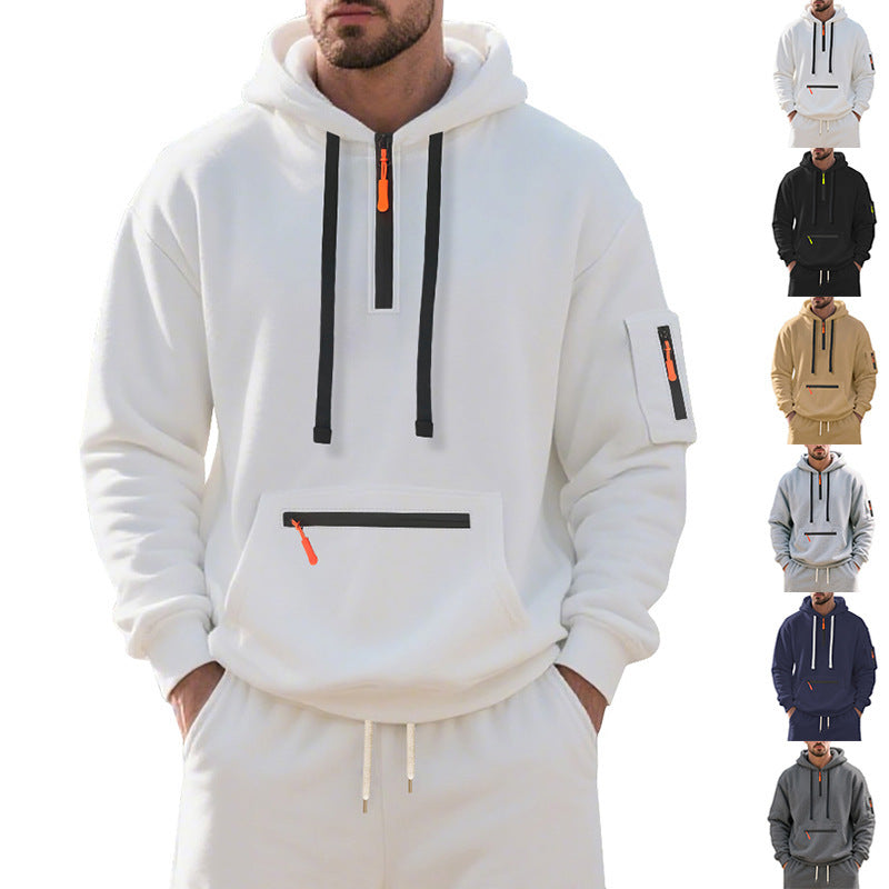 Herren nan technischer Freizeit-Hoodie mit kurzem mittigem Reißverschluss, Reißverschluss-Kängurutasche und Ärmeltasche