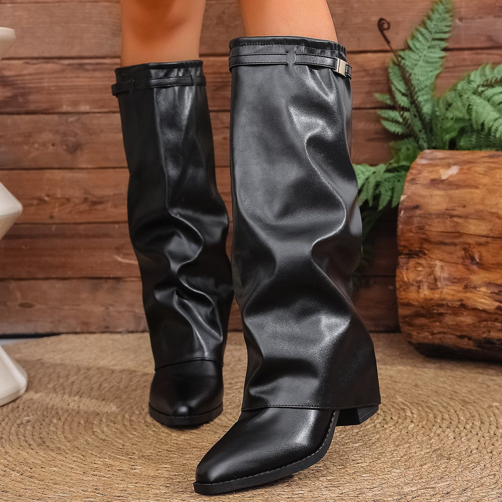 Damen nan kniehohe Slouch-Stiefel mit spitzer Zehenpartie niedrigem Blockabsatz und dekorativem Schaftgurt