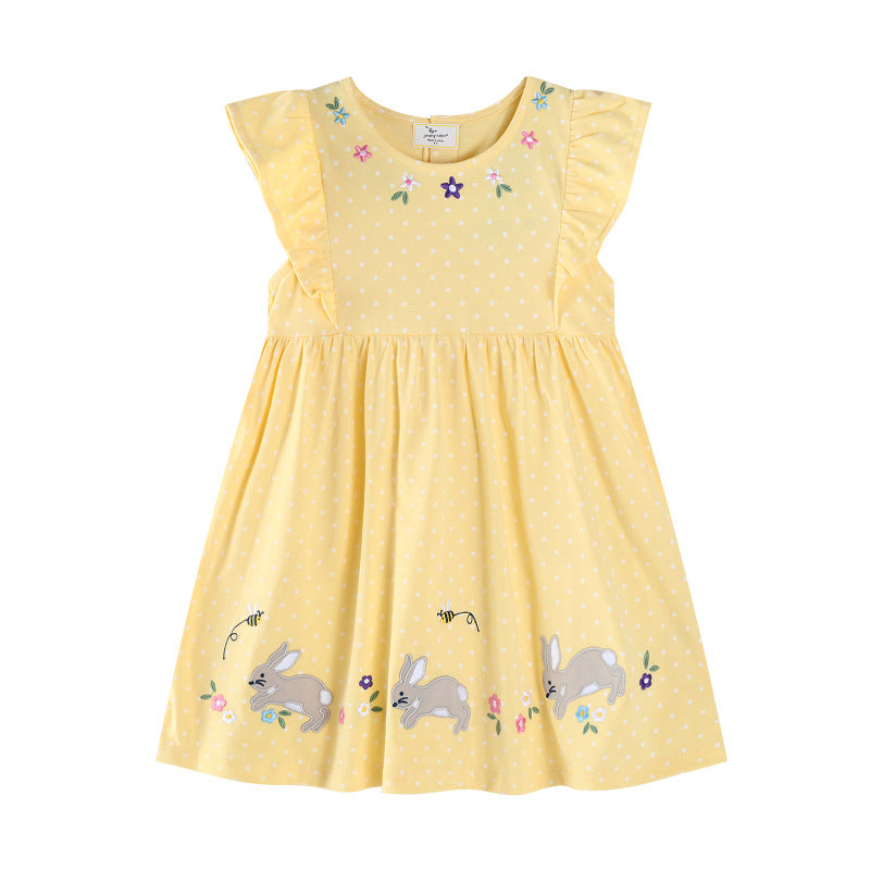 Mädchen Sommerkleid mit verspielten Hasen- und Blumenstickereien