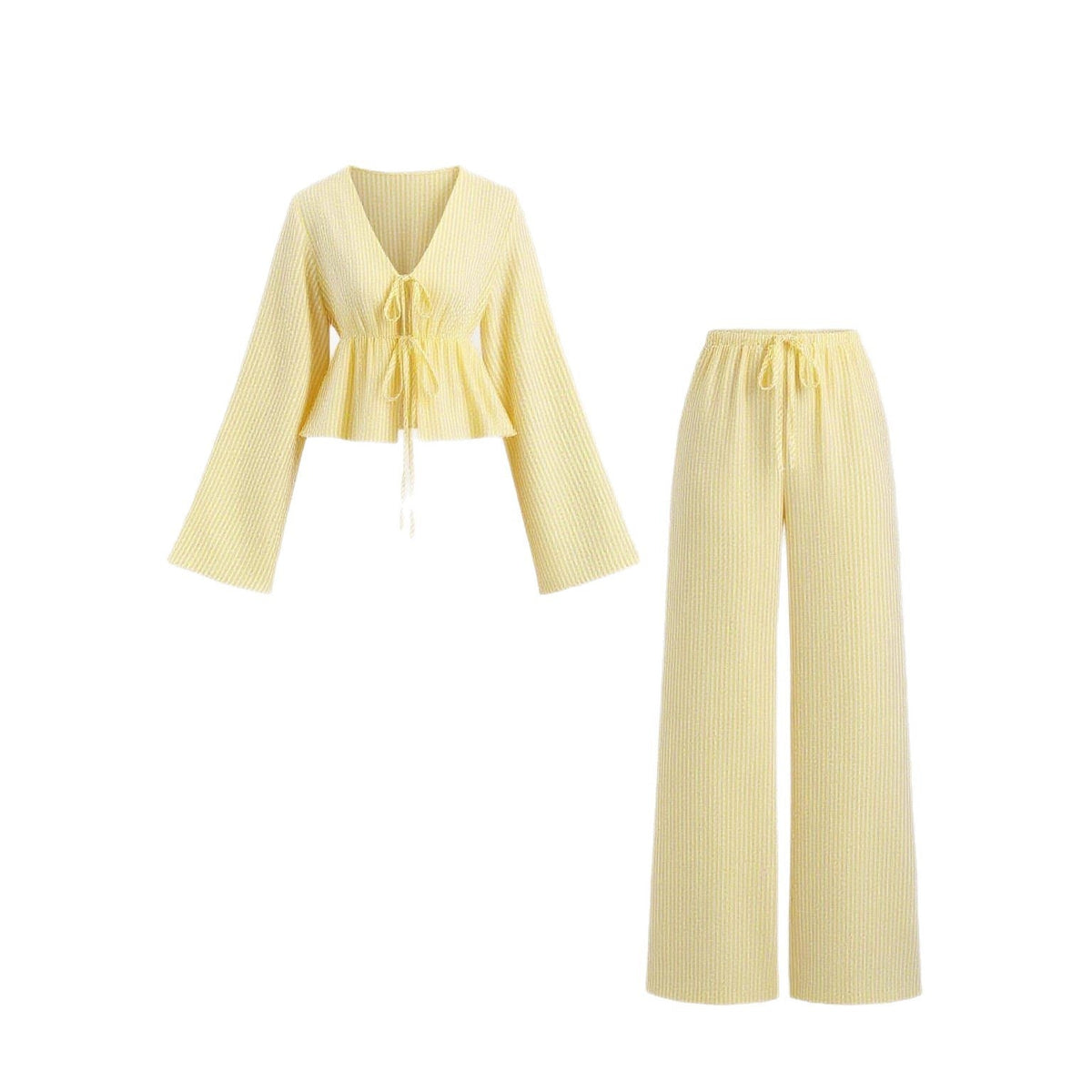 Damen nan gestreiftes Leinenähnliches Homewear-Set mit gerafftem Tunnelzugoberteil und elastischer Bundhose