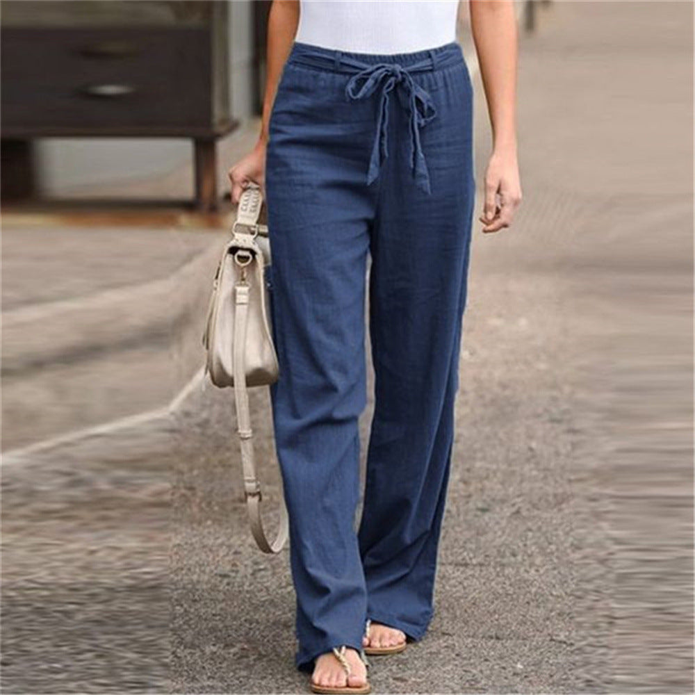 Damen nan weite Leinenhose mit Tunnelzugbund, geradem Bein und Eingrifftaschen