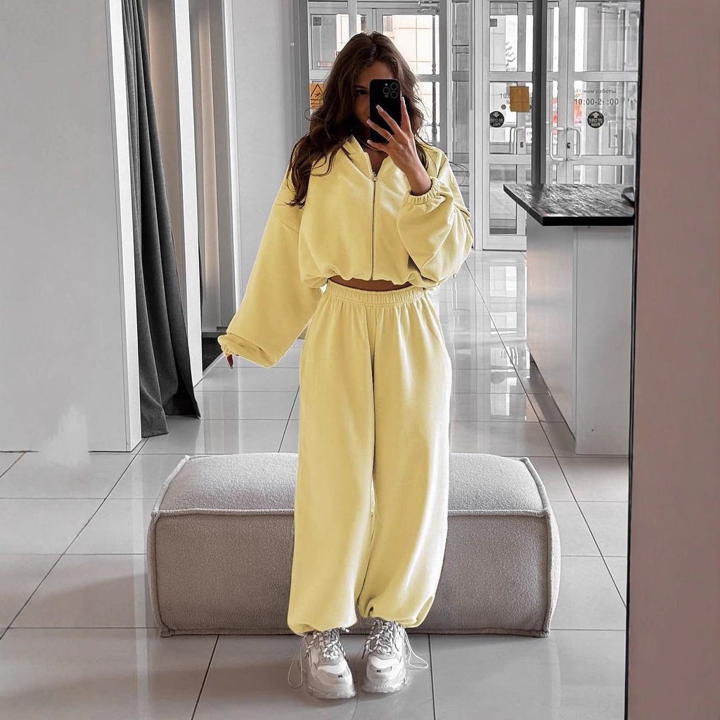 Damen nan oversized Kapuzenjacke mit durchgehendem Reißverschluss und Highwaist Gummibund-Jogginghose Set