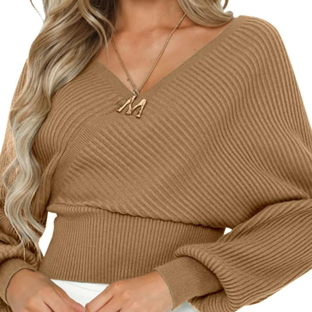 Damen nan gestrickter Off-Shoulder Cropped-Pullover mit Wickeloptik und Ballonärmeln