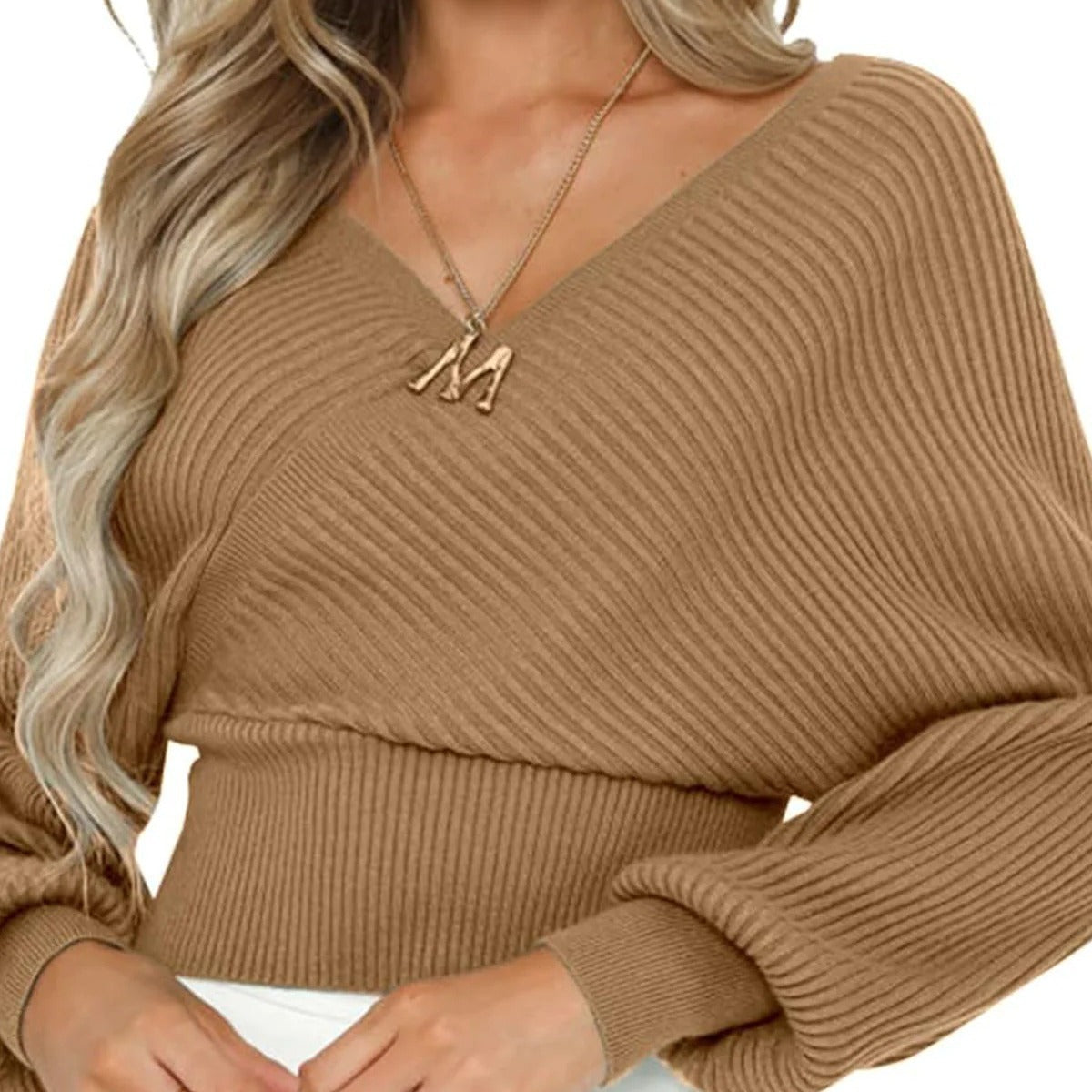 Damen nan gestrickter Off-Shoulder Cropped-Pullover mit Wickeloptik und Ballonärmeln