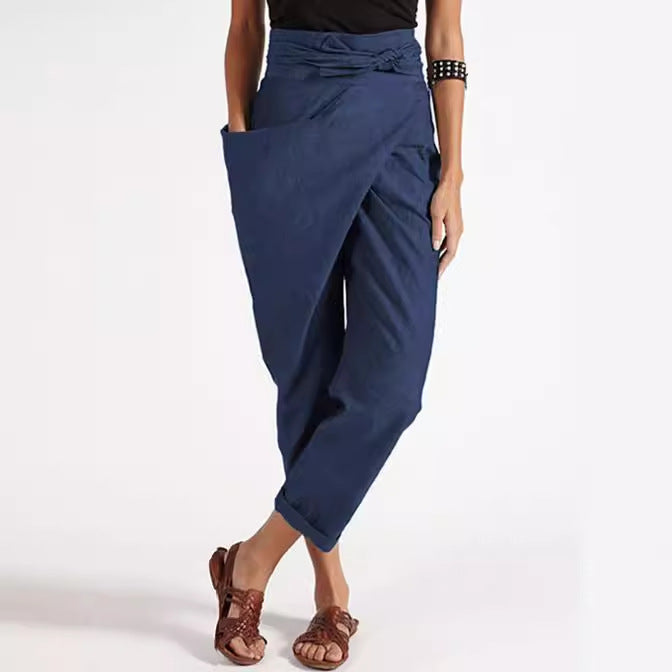 Damen nan Wickelhose aus Leinenmix mit hohem Taillenbund, überlappender Vorderseite und großzügiger Eingrifftasche