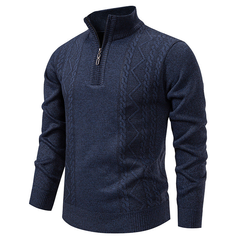 Herren nan gehobener Strickpullover mit Halbzip, Stehkragen und dekorativem Zopfmuster