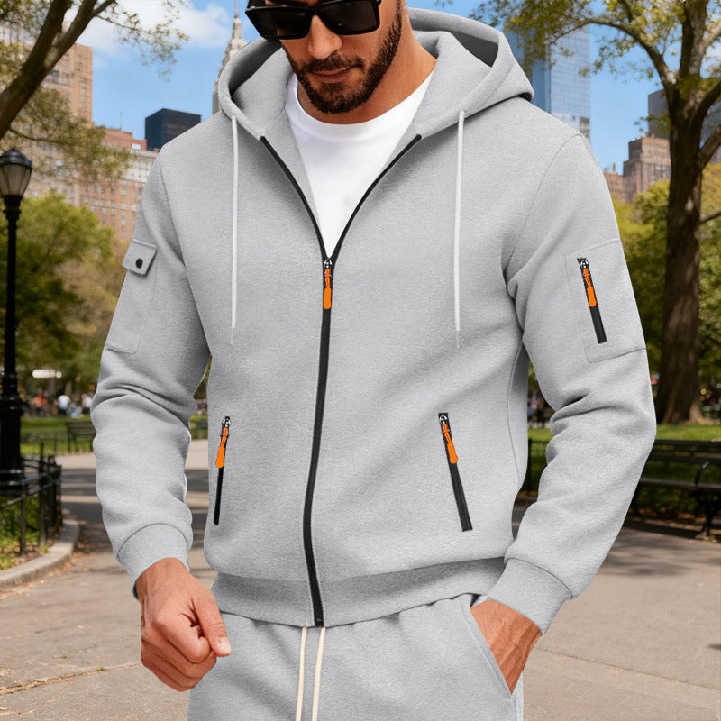 Herren nan Kapuzen-Sweatjacke mit durchgehendem Reißverschluss, mehreren Reißverschlusstaschen und Ärmel-Pocket