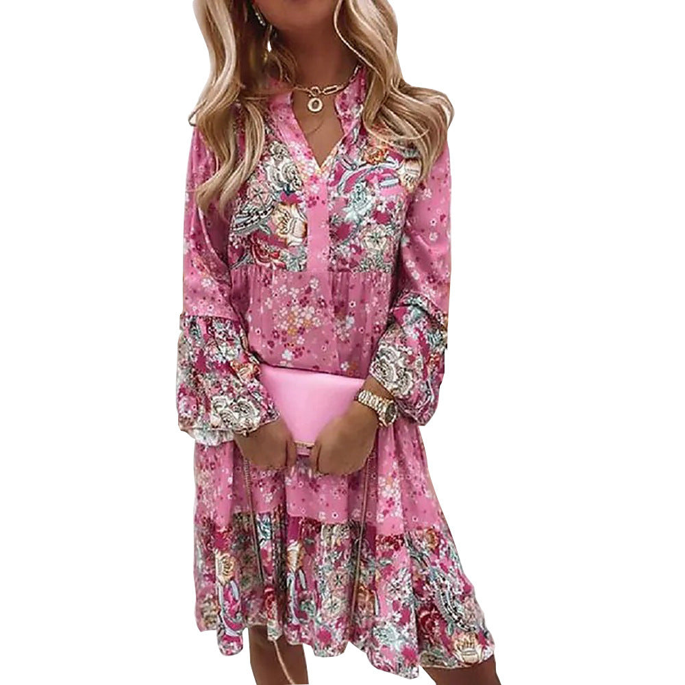 Damen nan leichtes Stufen-Babydollkleid mit V-Ausschnitt und Ballonärmeln