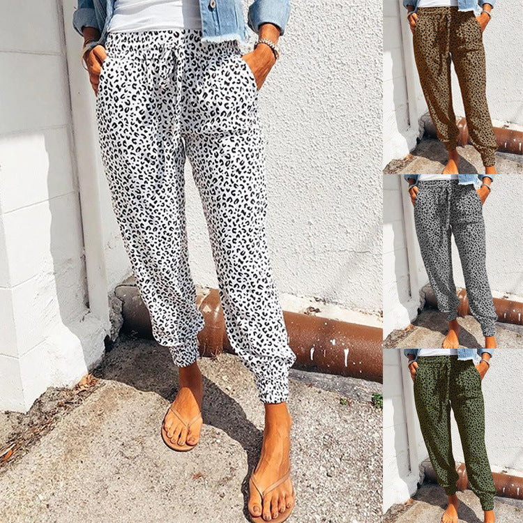 Damen nan lässige Leoparden-Print Jogginghose mit Tunnelzug, Eingrifftaschen und elastischen Bündchen