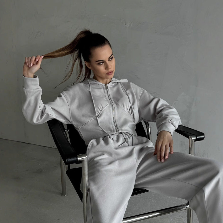Damen nan zweiteiliges Cropped Hoodie-Set mit weitem Bundhose-Schnitt und tailliertem Reißverschluss