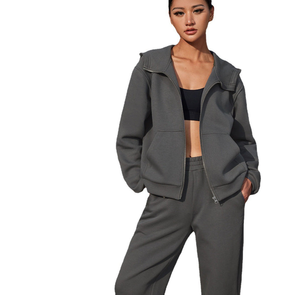 Damen nan athletisches Freizeit-Set mit Zip-Hoodie im Oversize-Schnitt und taillenhoher Komfort-Jogginghose