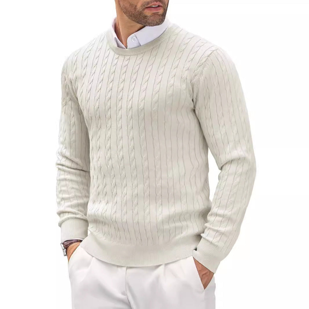 Herren nan Feinstrick-Rundhalspullover mit feiner Zopfmuster-Struktur, schmaler Silhouette und elastischen Bündchen