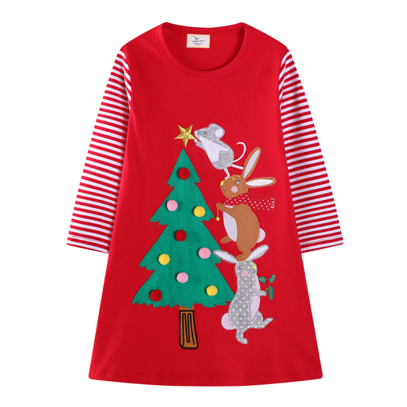 Mädchen Baumwollkleid mit festlichem Tier- und Weihnachtsbaum-Design