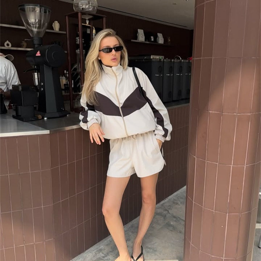 Damen nan lässiges Athleisure-Set mit windabweisender Kurzjacke, Stehkragen und elastischen Highwaist-Shorts