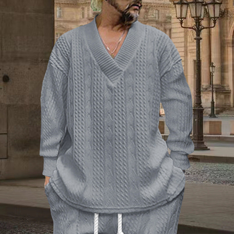 Herren nan grob gestrickter V-Ausschnitt-Pullover mit Zopfmuster und relaxed Fit