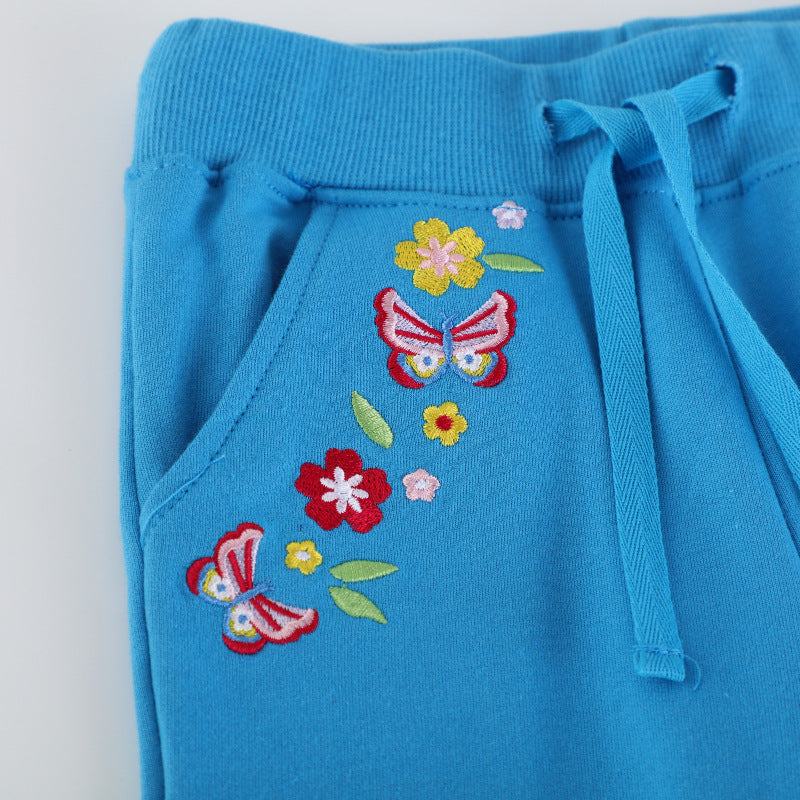 Mädchen Jogginghose mit bunten Blumen- und Schmetterlingsstickereien