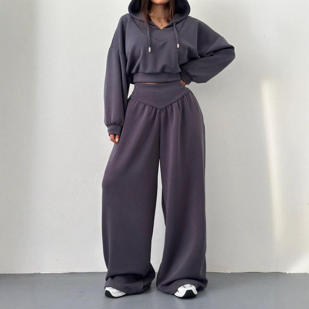 Damen nan luxuriöses Freizeitset Kapuzenpullover mit V-Ausschnittdetail und Culotte mit hoher Taille