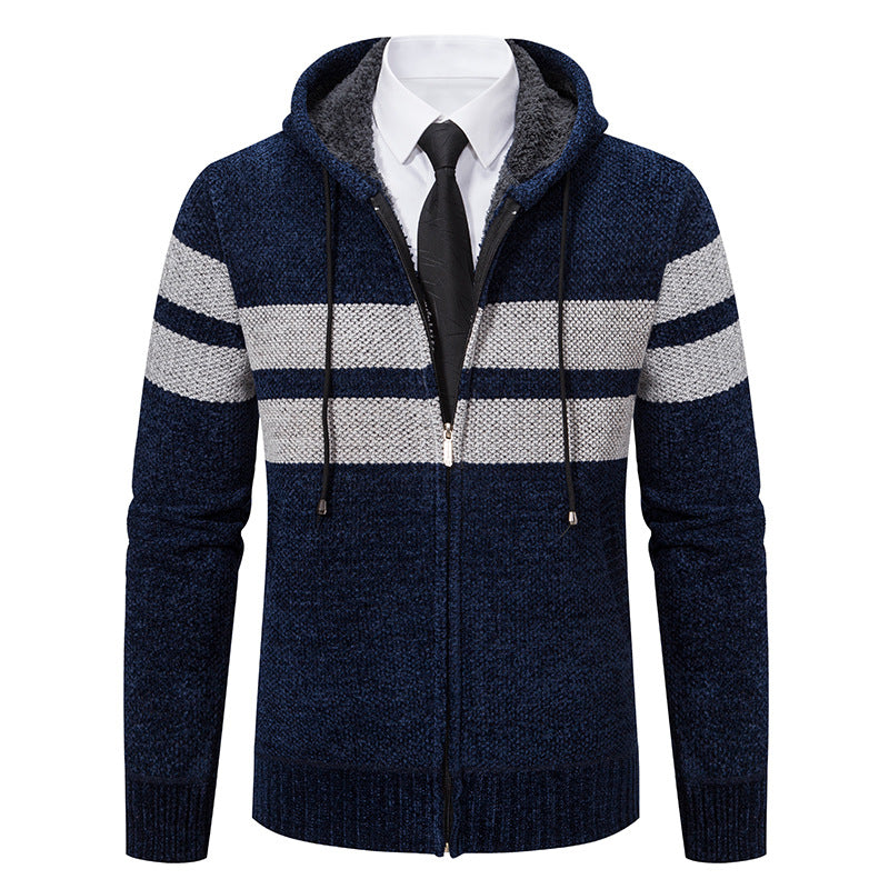 Herren nan gestrickte Kapuzenjacke mit Teddyfutter, verdecktem Reißverschluss und kontrastreifen