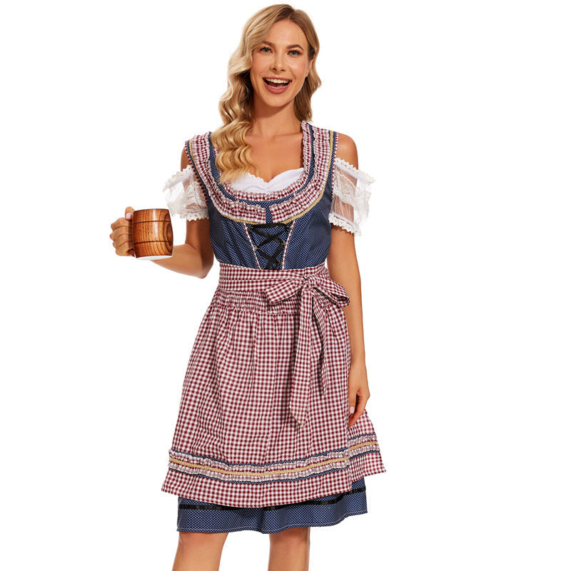 Damen nan traditionelles Dirndlkleid mit kariertem Schürzenrock, Schnürung und Spitzenärmeln