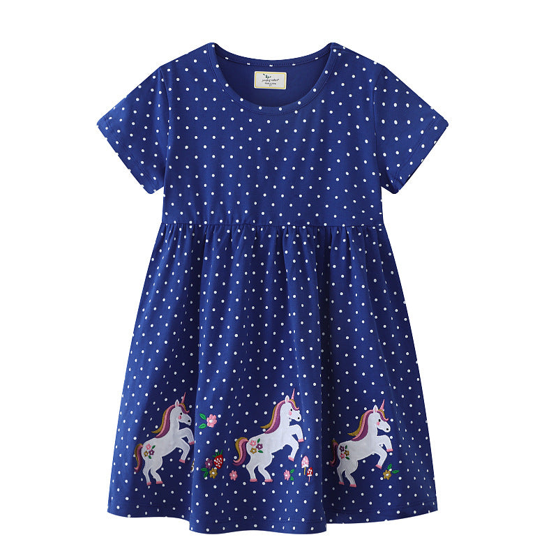 Mädchen Kleid mit Punkten und Einhornstickerei