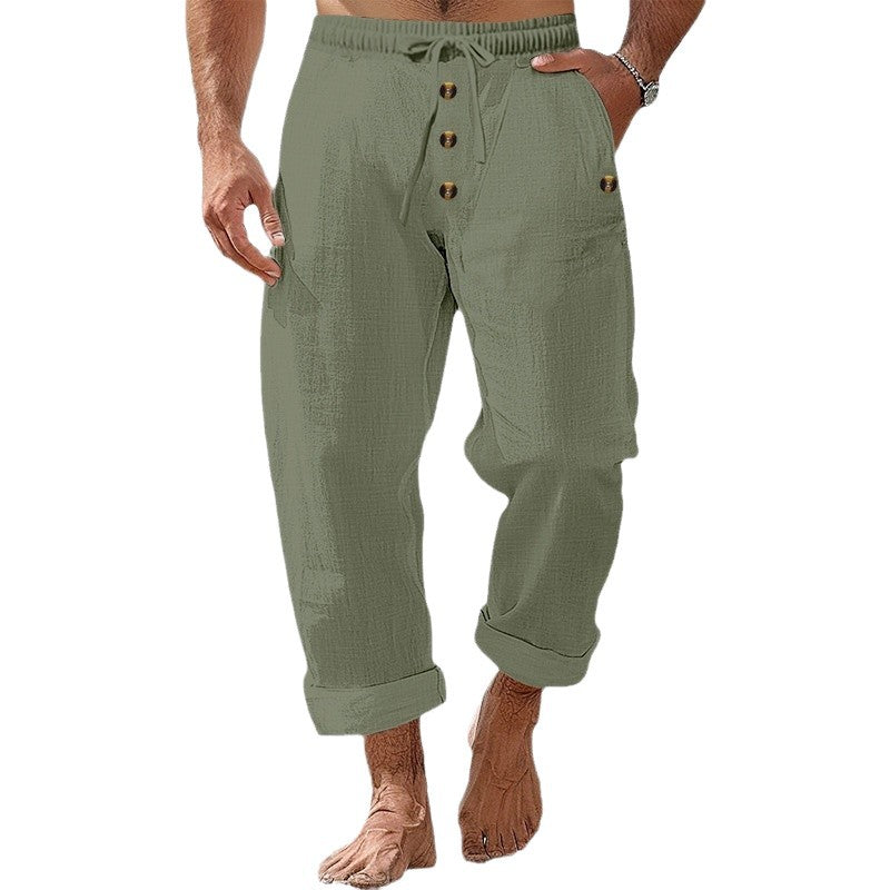 Herren nan lässige atmungsaktive Leinenhose mit Kordelzug Knopfleiste und aufgerollten Bündchen