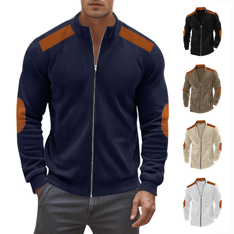 Herren nan Stehkragen-Sweatjacke mit feiner Rippstruktur, Ellbogen-Patches und kontrastierenden Schulterdetails