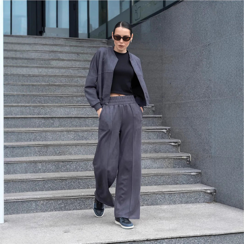 Damen nan zweiteiliges Velours-Loungewear-Set mit kurzem Zip-Hoodie und weiter Highwaist-Hose