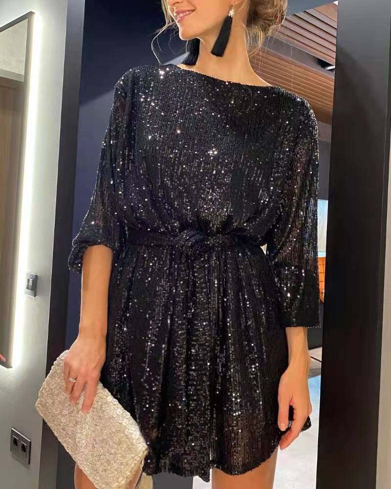 Damen Glamouröses Cocktailkleid mit funkelnden Lurex-Fäden und elastischem Taillengürtel Selmira