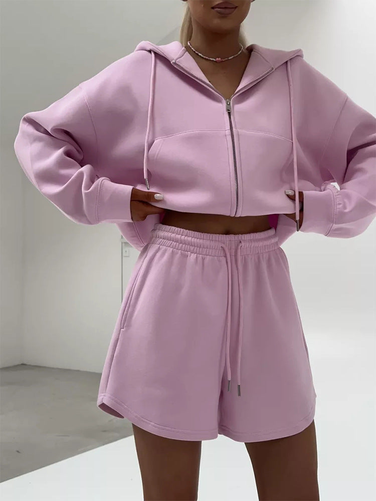 Damen nan kurzes Kapuzen-Sweatshirt mit Reißverschluss und elastischer Highwaist-Relax-Shorts Set