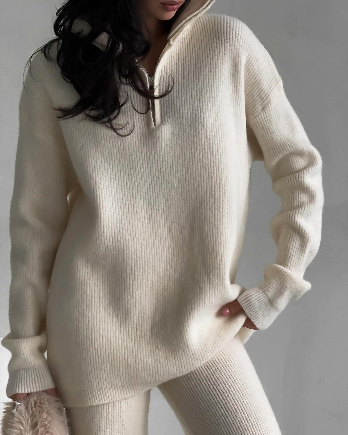 Damen nan geripptes Strick-Lounge-Set mit Halbzip-Pullover und hochgeschnittener Leggings