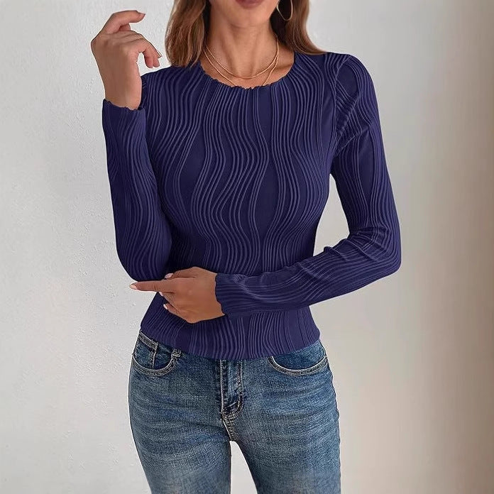 Damen nan figurbetontes Rippstrick-Longsleeve mit Wellendetail und Rundhalsausschnitt