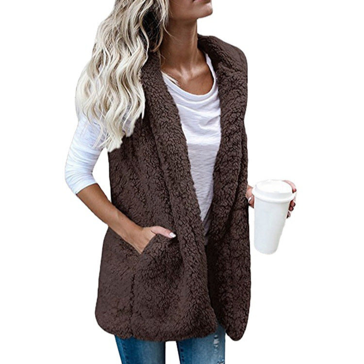 Damen nan flauschige Teddyweste mit Schalkragen und Eingrifftaschen