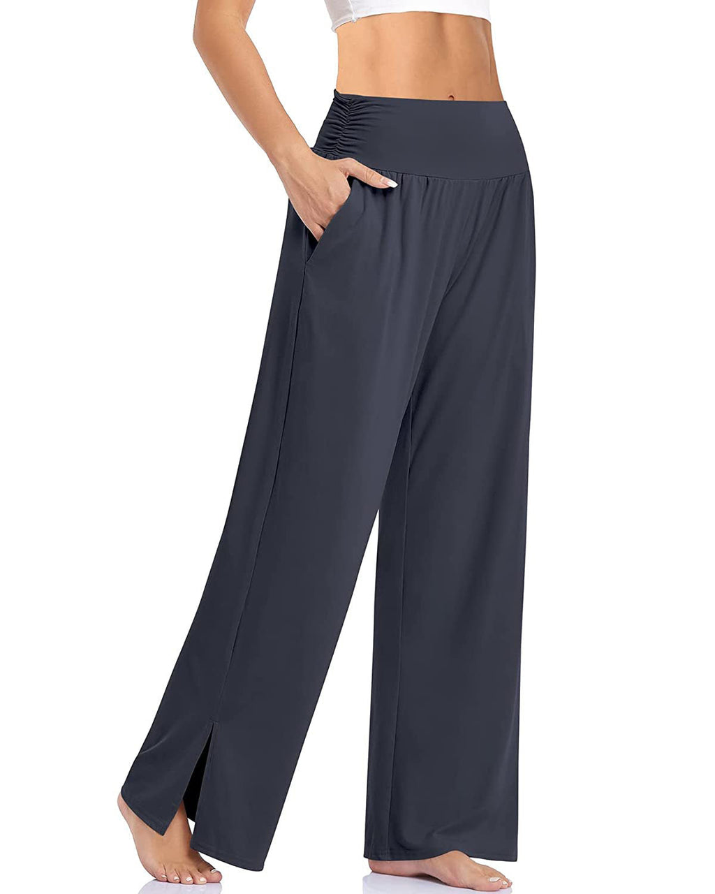 Damen nan weite Yogahose mit hohem Komfortbund, seitlichen Eingrifftaschen und seitlichem Bein-Schlitz
