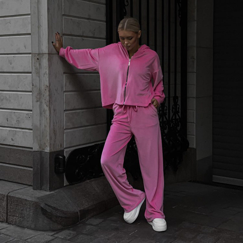 Damen nan luxuriöses Velours-Zweiteiler Set mit kurzem Reißverschluss-Hoodie und weiten Highwaist-Loungehosen