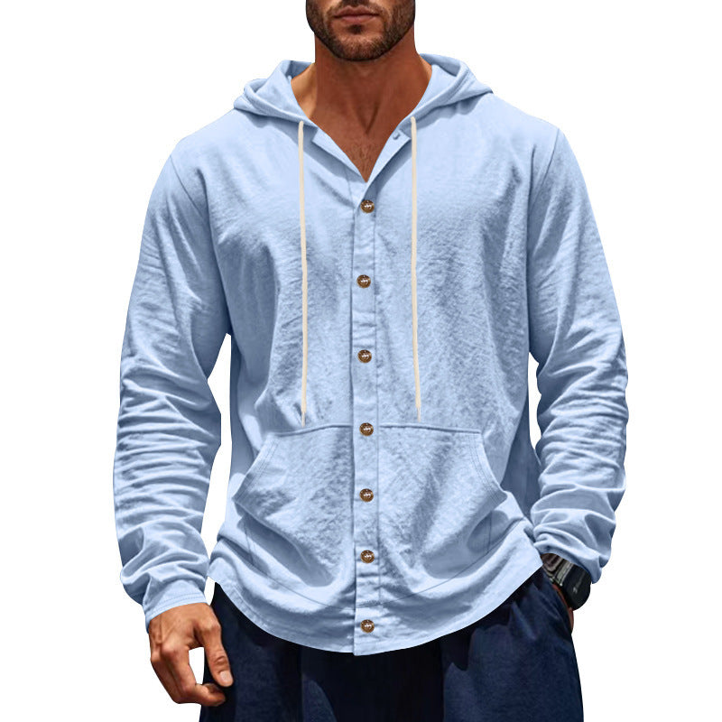 Herren nan figurbetonte Kapuzenhemd-Jacke aus Baumwollmix mit Druckknopfleiste und Kängurutasche