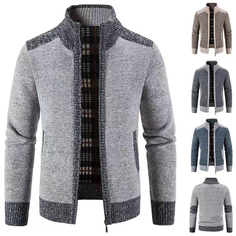 Herren nan gefütterte Reißverschluss-Strickjacke mit Stehkragen, wärmender Karofleece-Innenseite und gerippten Bündchen